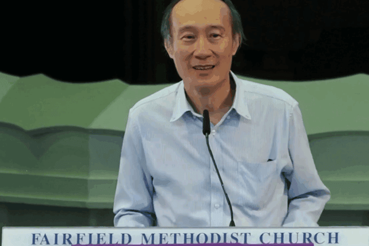 Famous person giving speech at Fairfield Methodist Church in Singapore.